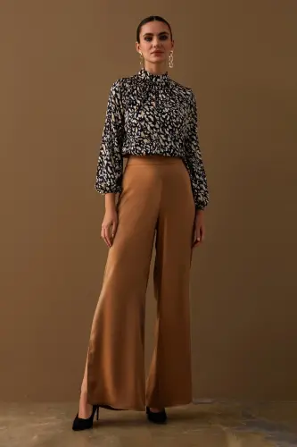 Yırtmaç Detaylı Saten Pantolon - Camel-CAMEL - 4