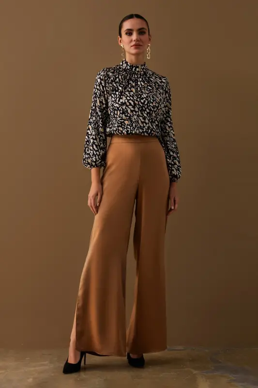 Yırtmaç Detaylı Saten Pantolon - Camel-CAMEL - 4