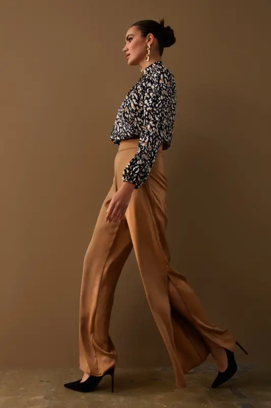 Yırtmaç Detaylı Saten Pantolon - Camel - CAMEL - SATEEN