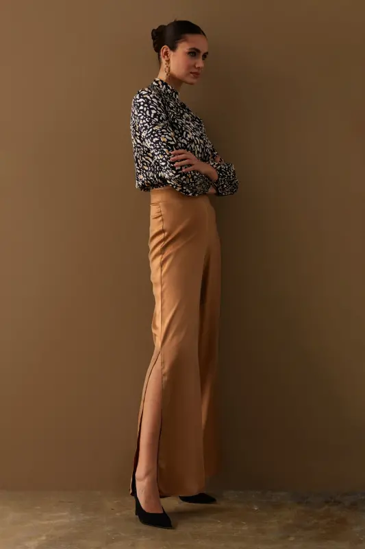 Yırtmaç Detaylı Saten Pantolon - Camel-CAMEL - 3