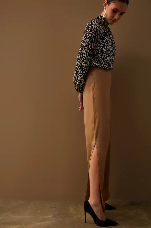Yırtmaç Detaylı Saten Pantolon - Camel-CAMEL - 5