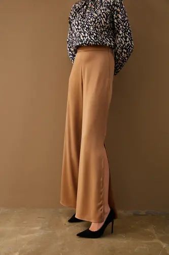 Yırtmaç Detaylı Saten Pantolon - Camel-CAMEL - 7