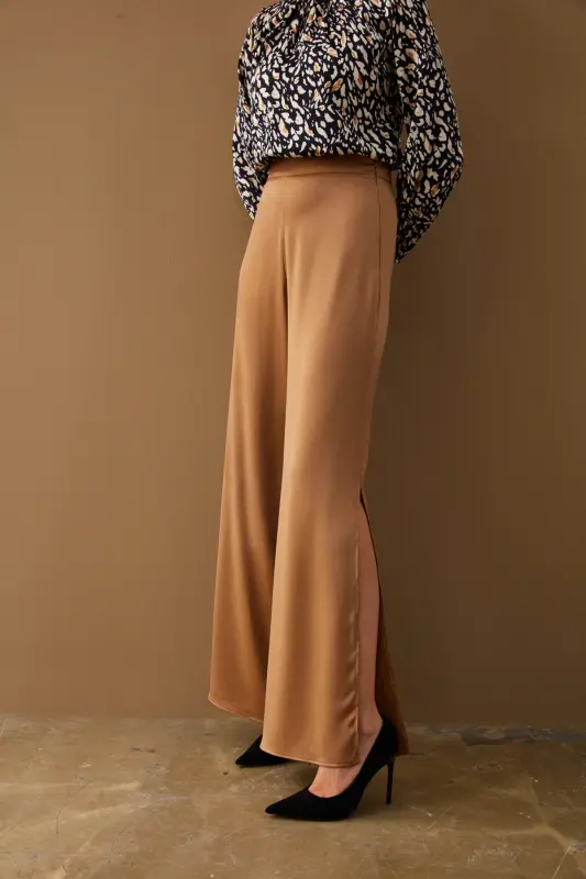 Yırtmaç Detaylı Saten Pantolon - Camel-CAMEL - 7