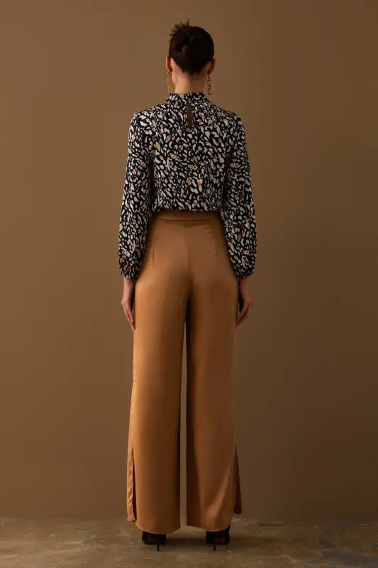 Yırtmaç Detaylı Saten Pantolon - Camel-CAMEL - 8