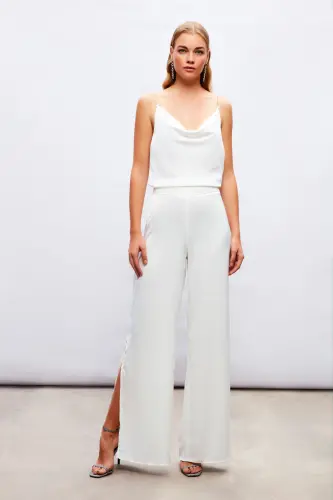 Yırtmaç Detaylı Saten Pantolon - Ekru-EKRU - 5
