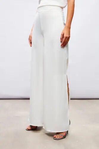 Yırtmaç Detaylı Saten Pantolon - Ekru - EKRU - 6