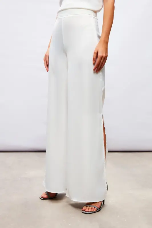 Yırtmaç Detaylı Saten Pantolon - Ekru - EKRU - 6