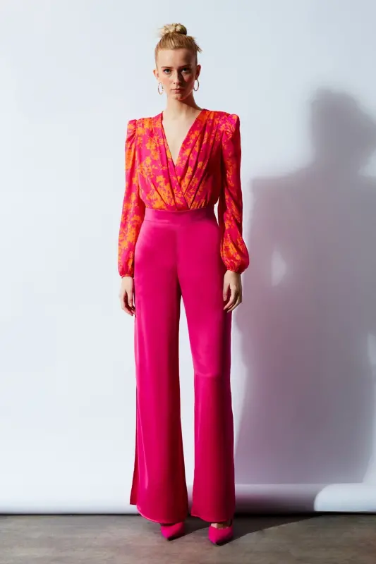 Yırtmaç Detaylı Saten Pantolon - Fuşya - FUŞYA - 3