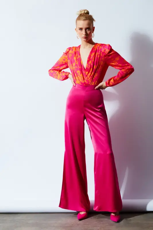 Yırtmaç Detaylı Saten Pantolon - Fuşya - FUŞYA - 4