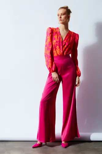 Yırtmaç Detaylı Saten Pantolon - Fuşya - FUŞYA - 5