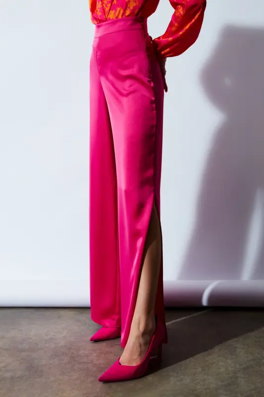 Yırtmaç Detaylı Saten Pantolon - Fuşya - FUŞYA - 6