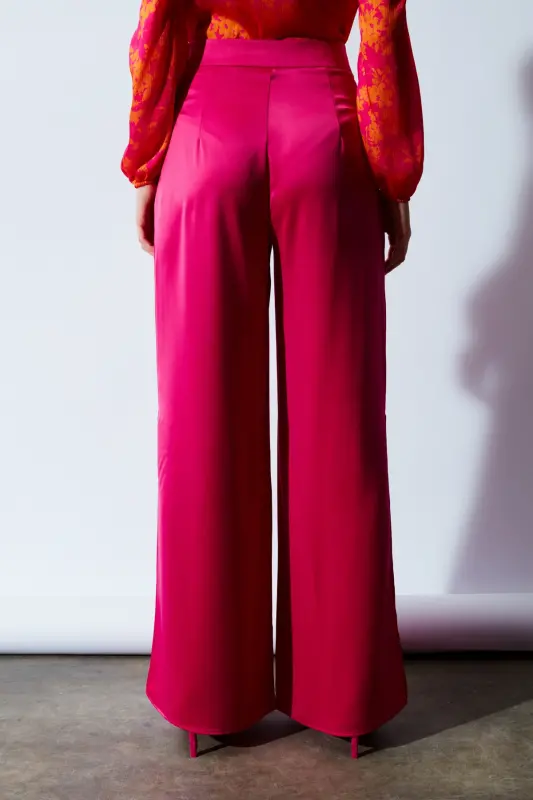 Yırtmaç Detaylı Saten Pantolon - Fuşya - FUŞYA - 8