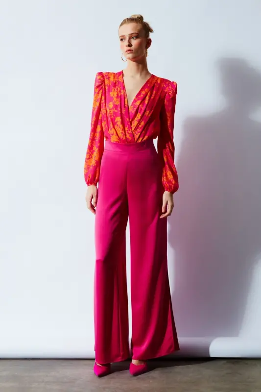 Yırtmaç Detaylı Saten Pantolon - Fuşya-FUŞYA - 1