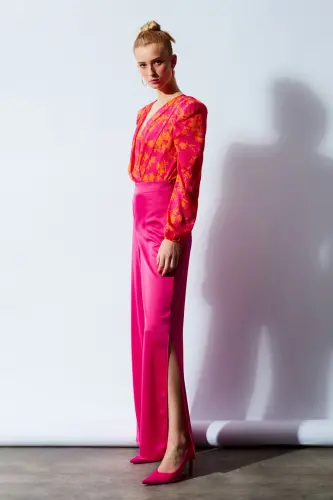 Yırtmaç Detaylı Saten Pantolon - Fuşya-FUŞYA - SATEEN (1)