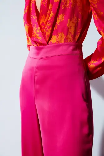 Yırtmaç Detaylı Saten Pantolon - Fuşya-FUŞYA - 7