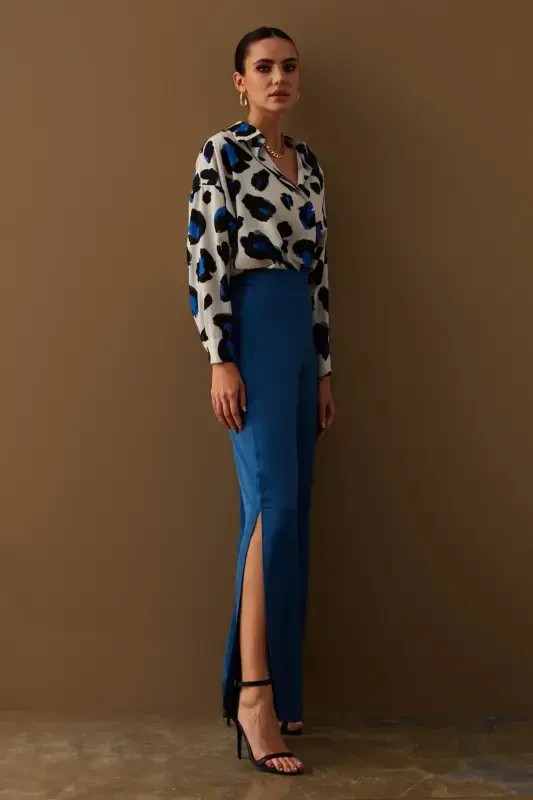 Yırtmaç Detaylı Saten Pantolon - İndigo-İNDİGO - SATEEN