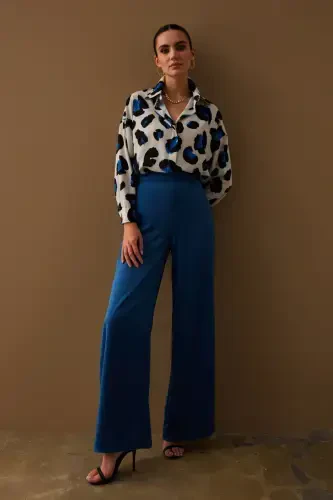 Yırtmaç Detaylı Saten Pantolon - İndigo-İNDİGO - SATEEN (1)