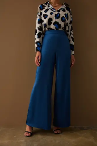 Yırtmaç Detaylı Saten Pantolon - İndigo-İNDİGO - 7