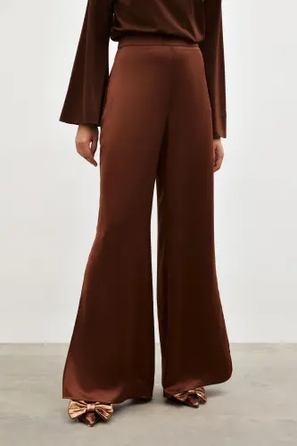 Yırtmaç Detaylı Saten Pantolon - Kahve-KAHVE - 5