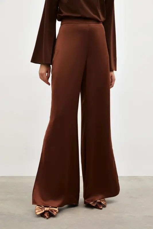 Yırtmaç Detaylı Saten Pantolon - Kahve-KAHVE - 5