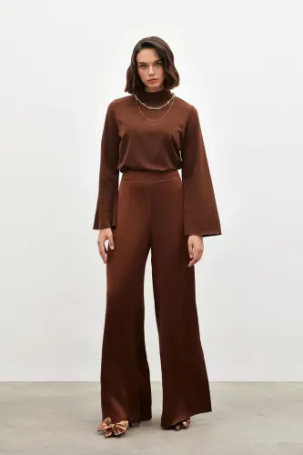 Yırtmaç Detaylı Saten Pantolon - Kahve - KAHVE - 1