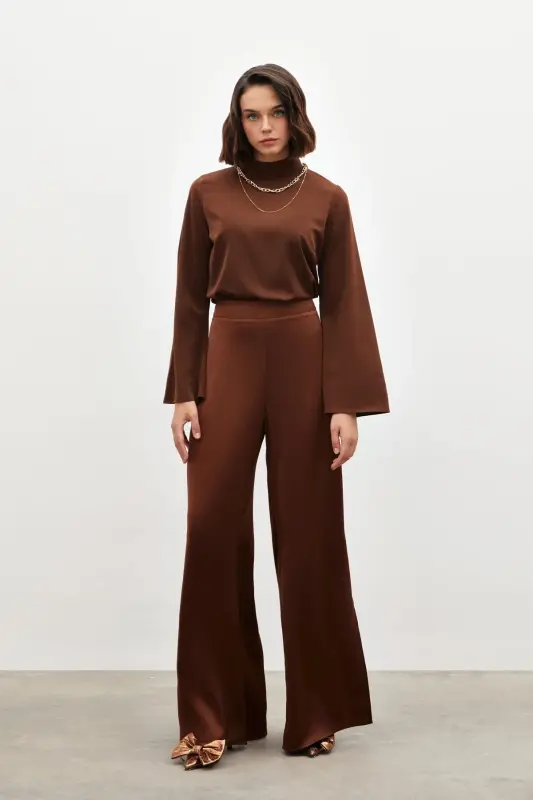 Yırtmaç Detaylı Saten Pantolon - Kahve - KAHVE - 1
