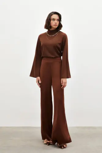 Yırtmaç Detaylı Saten Pantolon - Kahve - KAHVE - Sateen (1)