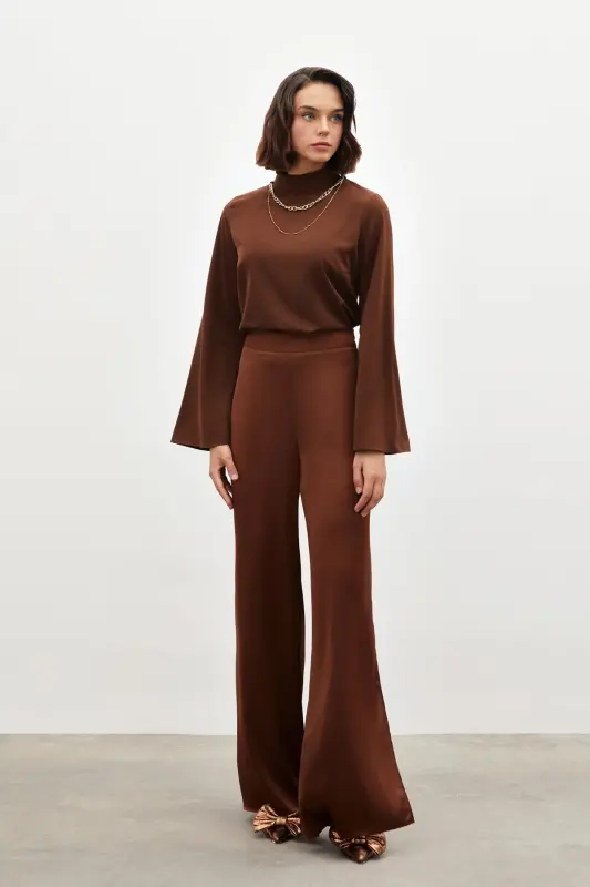 Yırtmaç Detaylı Saten Pantolon - Kahve - KAHVE - 2