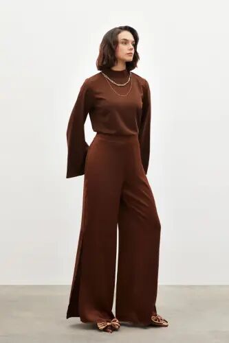Yırtmaç Detaylı Saten Pantolon - Kahve - KAHVE - 3