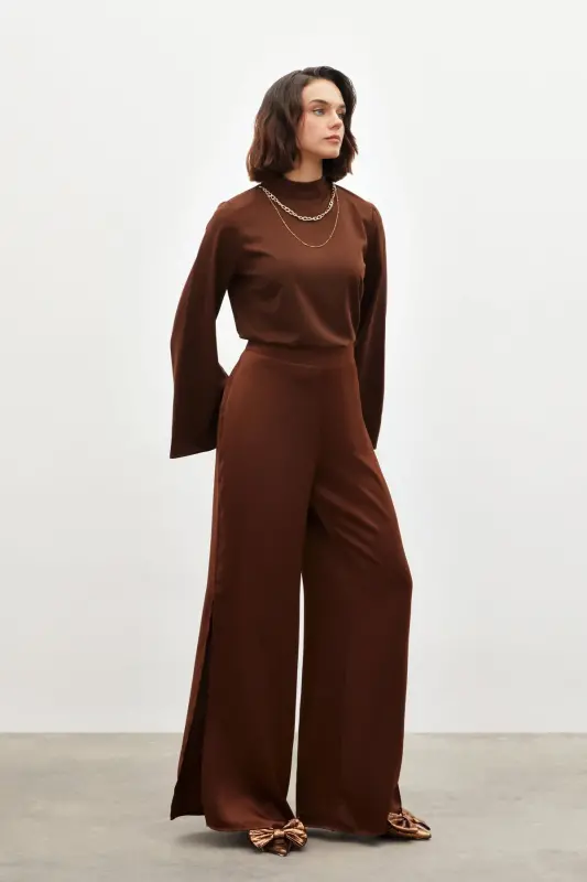 Yırtmaç Detaylı Saten Pantolon - Kahve - KAHVE - 3