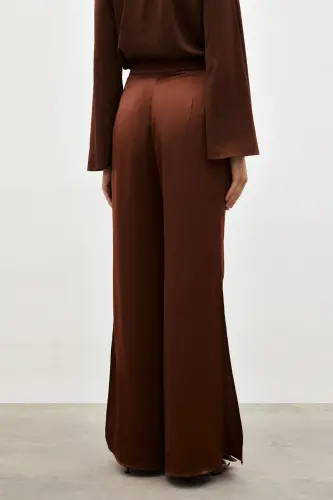 Yırtmaç Detaylı Saten Pantolon - Kahve - KAHVE - 7