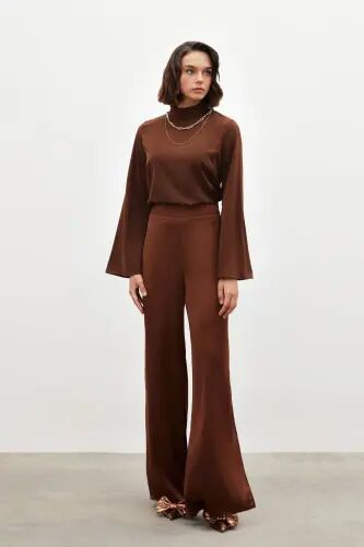 Yırtmaç Detaylı Saten Pantolon - Kahve - KAHVE - Sateen (1)