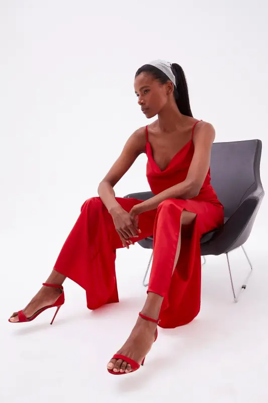 Yırtmaç Detaylı Saten Pantolon - Kırmızı-KIRMIZI - SATEEN