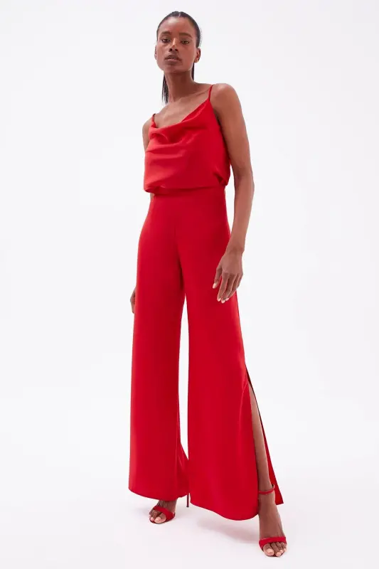 Yırtmaç Detaylı Saten Pantolon - Kırmızı-KIRMIZI - 2