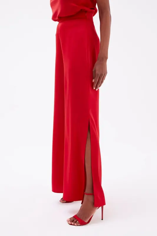 Yırtmaç Detaylı Saten Pantolon - Kırmızı-KIRMIZI - 5