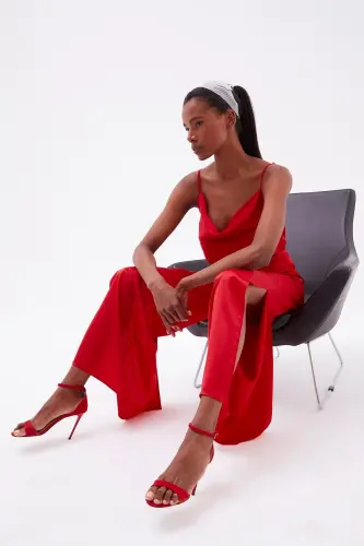 Yırtmaç Detaylı Saten Pantolon - Kırmızı-KIRMIZI 