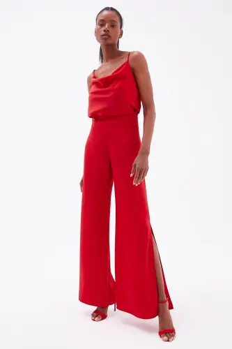 Yırtmaç Detaylı Saten Pantolon - Kırmızı-KIRMIZI - SATEEN (1)