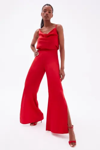 Yırtmaç Detaylı Saten Pantolon - Kırmızı-KIRMIZI - 3