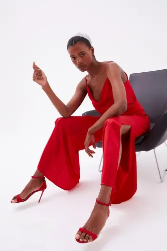 Yırtmaç Detaylı Saten Pantolon - Kırmızı-KIRMIZI - 4