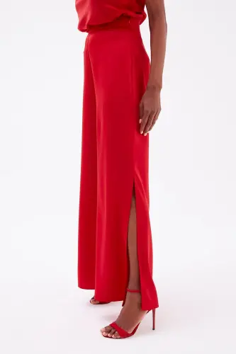 Yırtmaç Detaylı Saten Pantolon - Kırmızı-KIRMIZI - 5