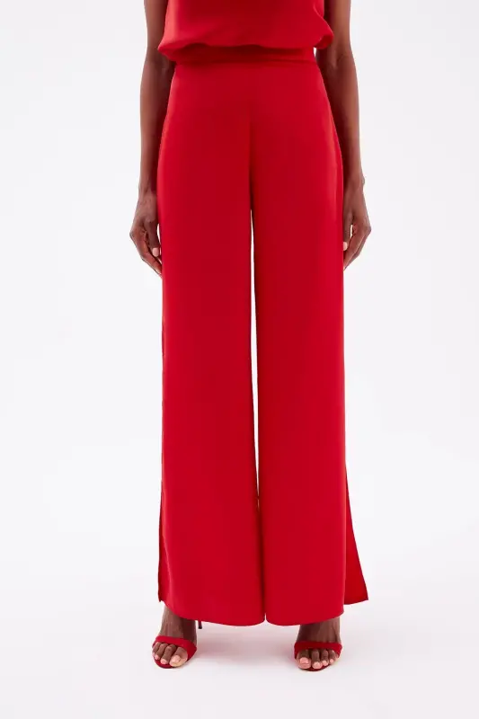 Yırtmaç Detaylı Saten Pantolon - Kırmızı-KIRMIZI - 6