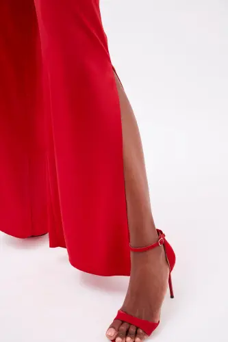 Yırtmaç Detaylı Saten Pantolon - Kırmızı-KIRMIZI - 7