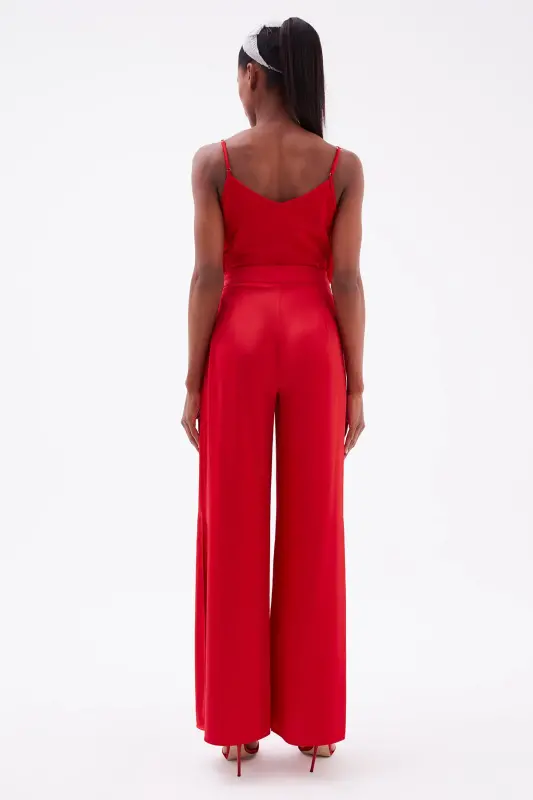 Yırtmaç Detaylı Saten Pantolon - Kırmızı-KIRMIZI - 8