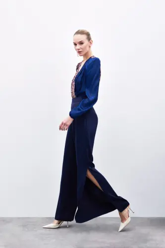 Yırtmaç Detaylı Saten Pantolon - Lacivert-Lacivert - 5