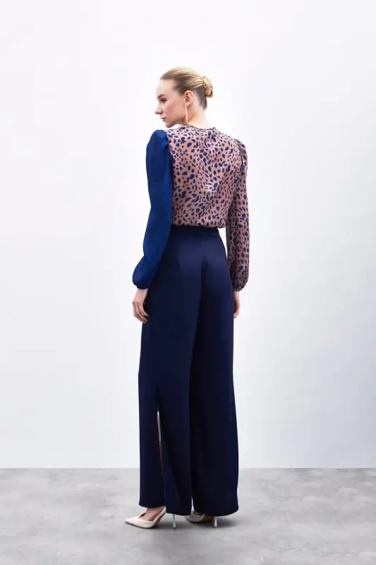 Yırtmaç Detaylı Saten Pantolon - Lacivert-Lacivert - 8