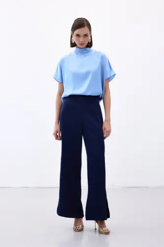 Yırtmaç Detaylı Saten Pantolon - Lacivert - Lacivert - 2