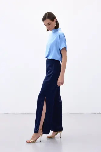 Yırtmaç Detaylı Saten Pantolon - Lacivert - Lacivert - 4