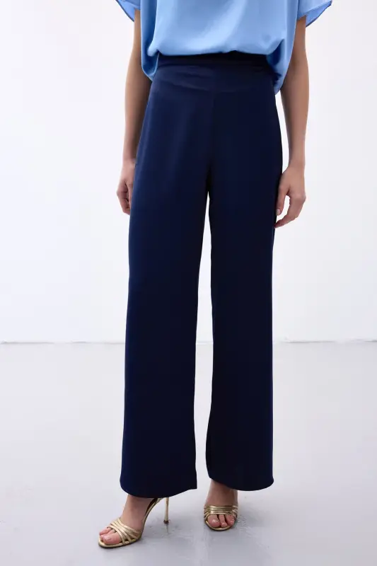 Yırtmaç Detaylı Saten Pantolon - Lacivert - Lacivert - 7