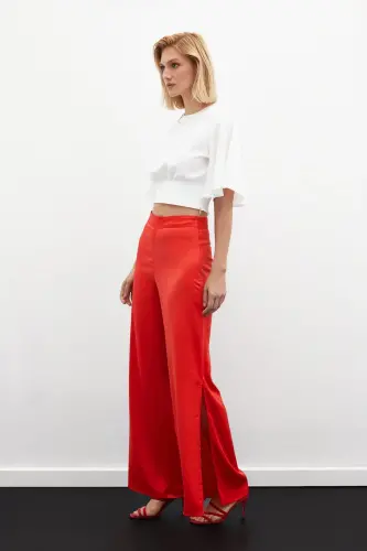 Yırtmaç Detaylı Saten Pantolon - Mercan - MERCAN - 6