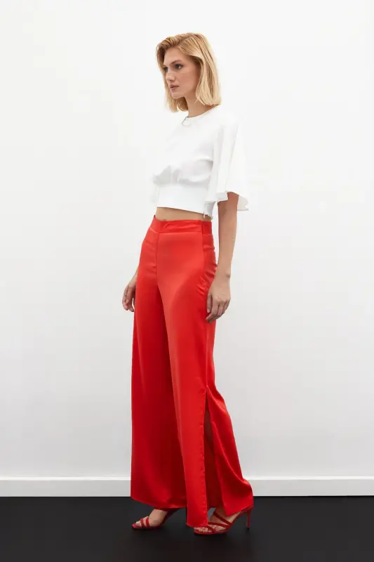 Yırtmaç Detaylı Saten Pantolon - Mercan - MERCAN - 6